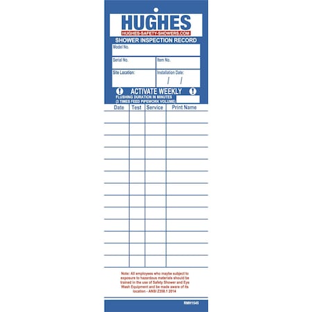 Hughes Safety Showers Equipment Inspection Record, Pack of 2 SERVICE-CARDS